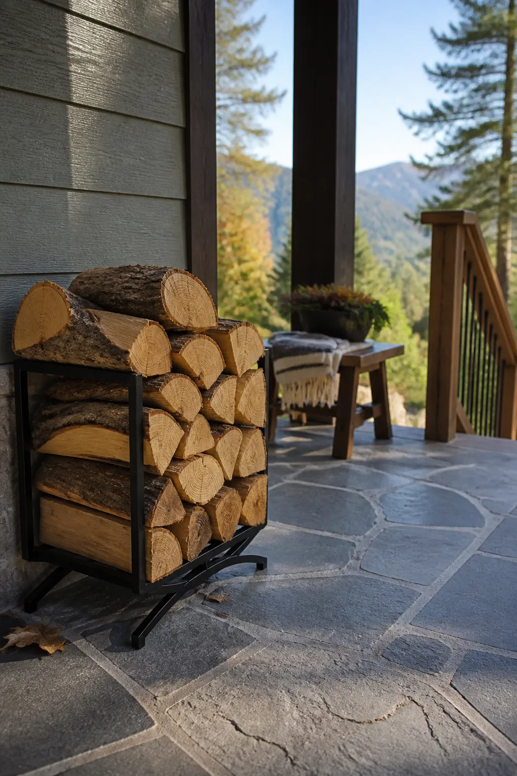 Neatly stacked split firewood in a compact porch cradle