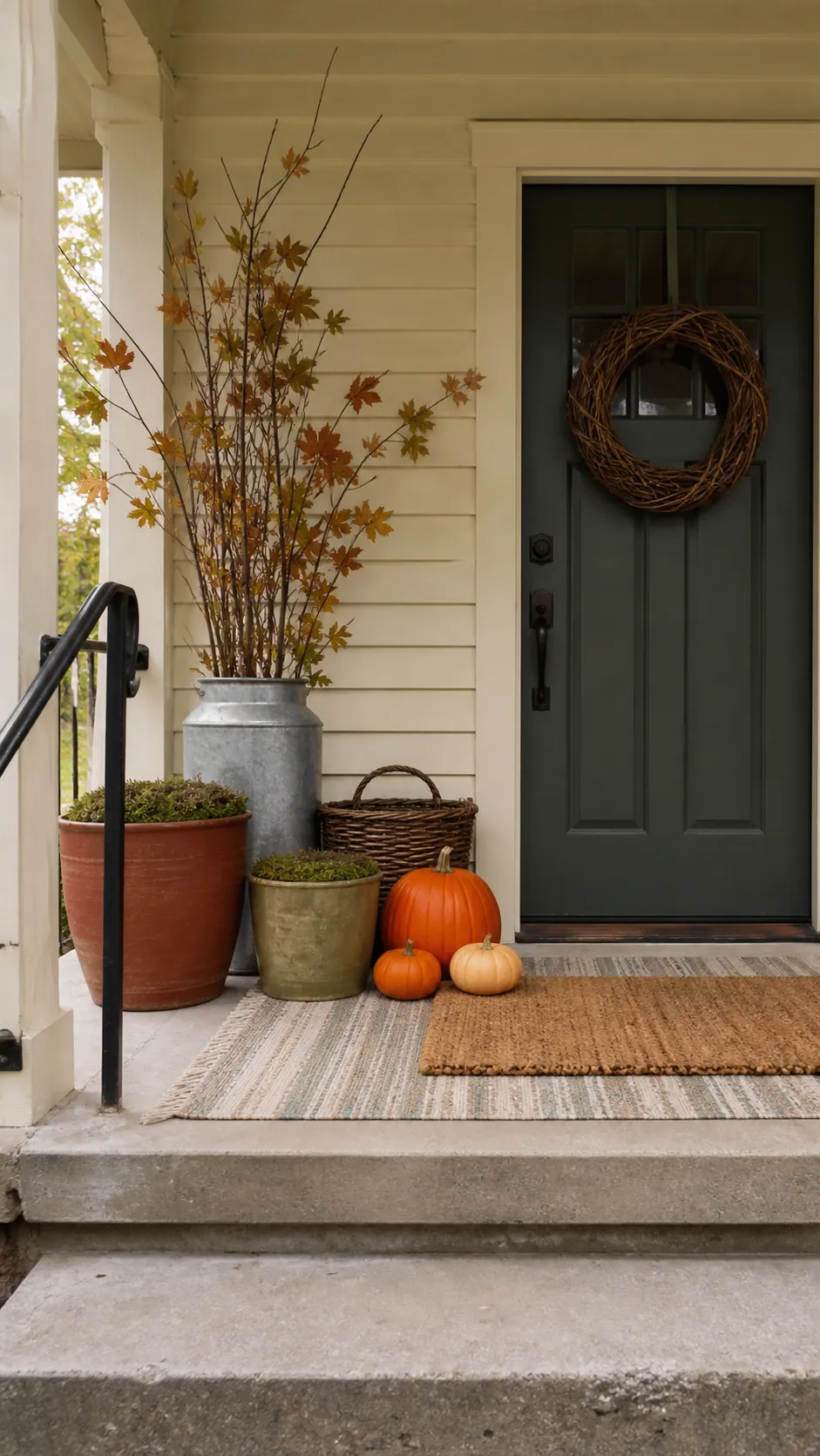 Affordable fall porch styled with reused pots, pumpkins, branches, and a layered mat