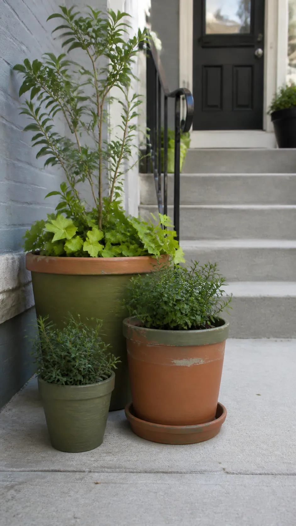 Mismatched porch pots unified with leftover exterior paint