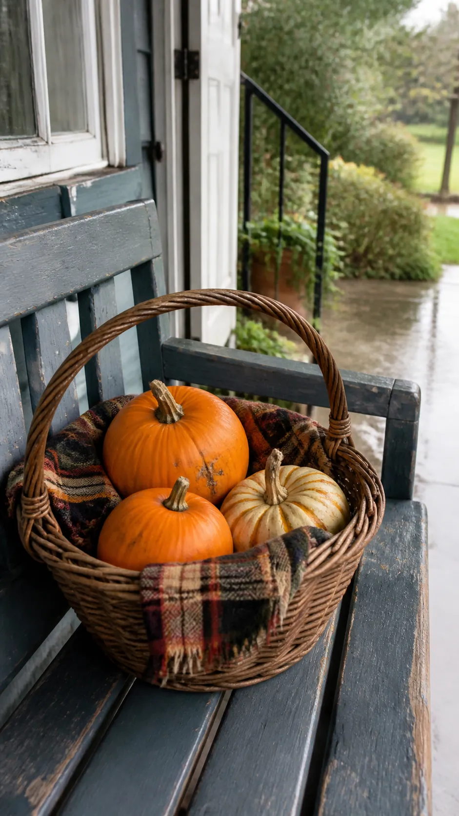 Thrifted basket holding grocery store pumpkins on a porch