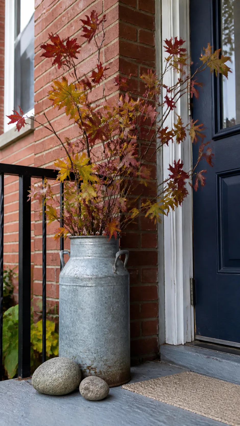 Foraged autumn branches arranged in a weighted porch container