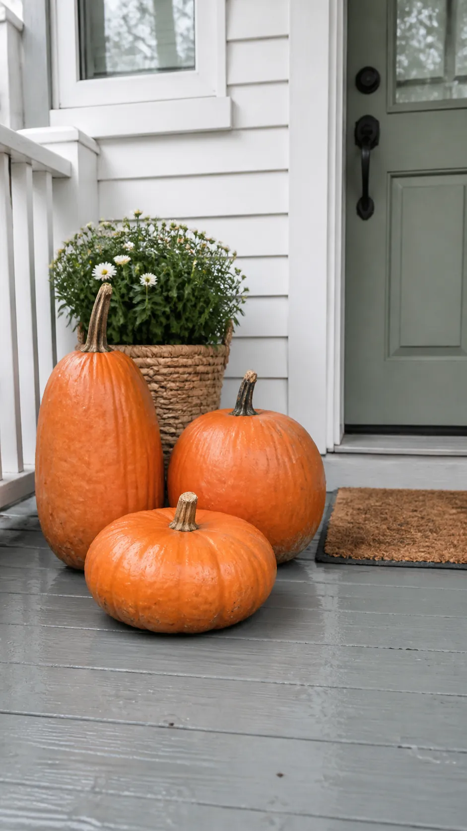 Three inexpensive pumpkins grouped beside a clear porch entry