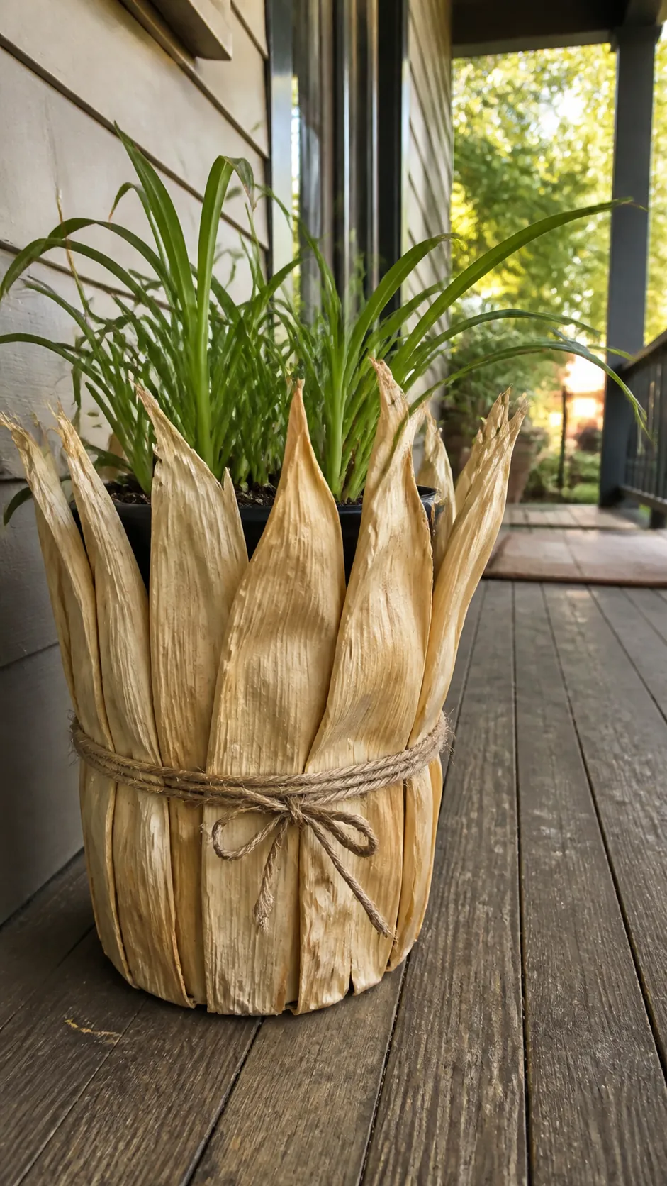Plain porch planter wrapped with dry corn husks and jute
