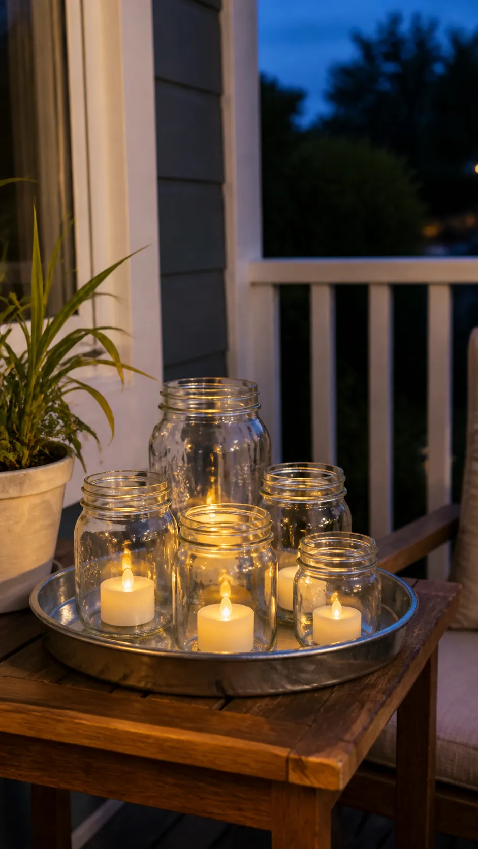 Mason jars glowing with safe flameless candles on a metal tray