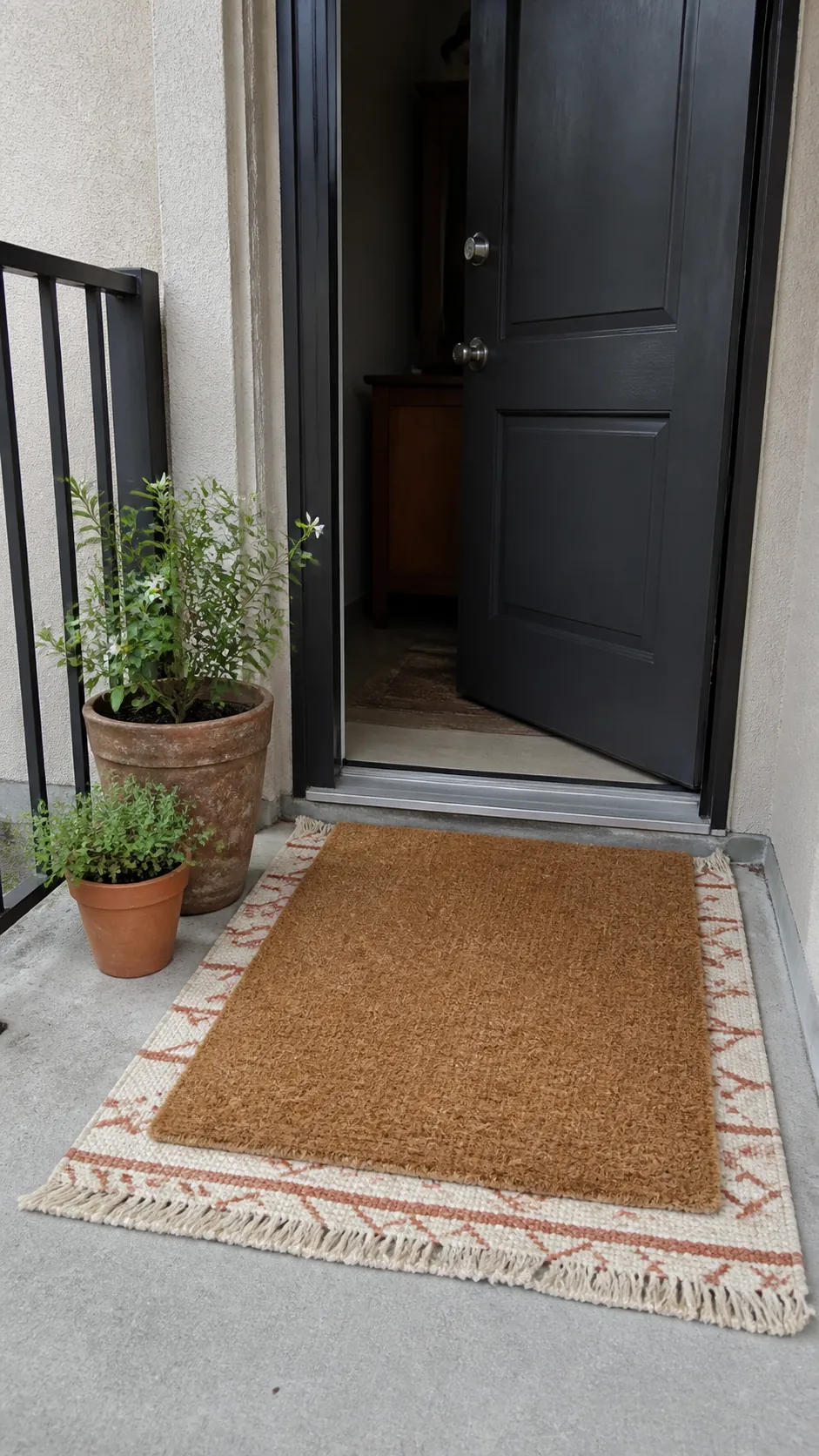 Reused washable rug layered beneath a porch doormat