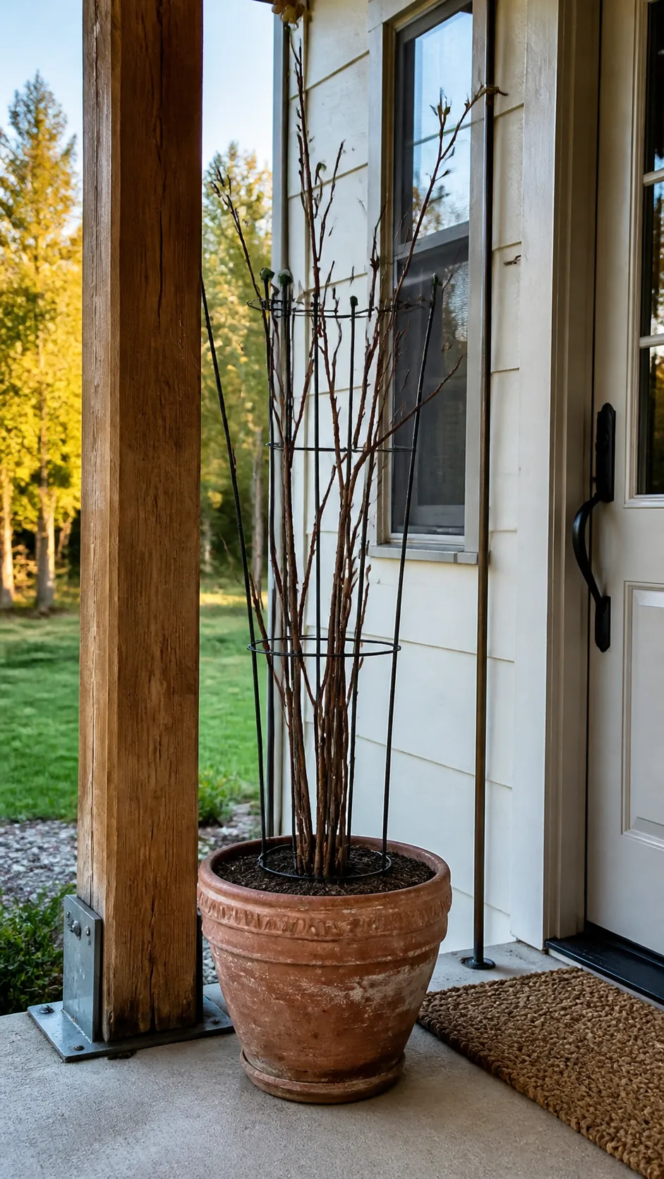 Repurposed tomato cage supporting an airy autumn leaf display