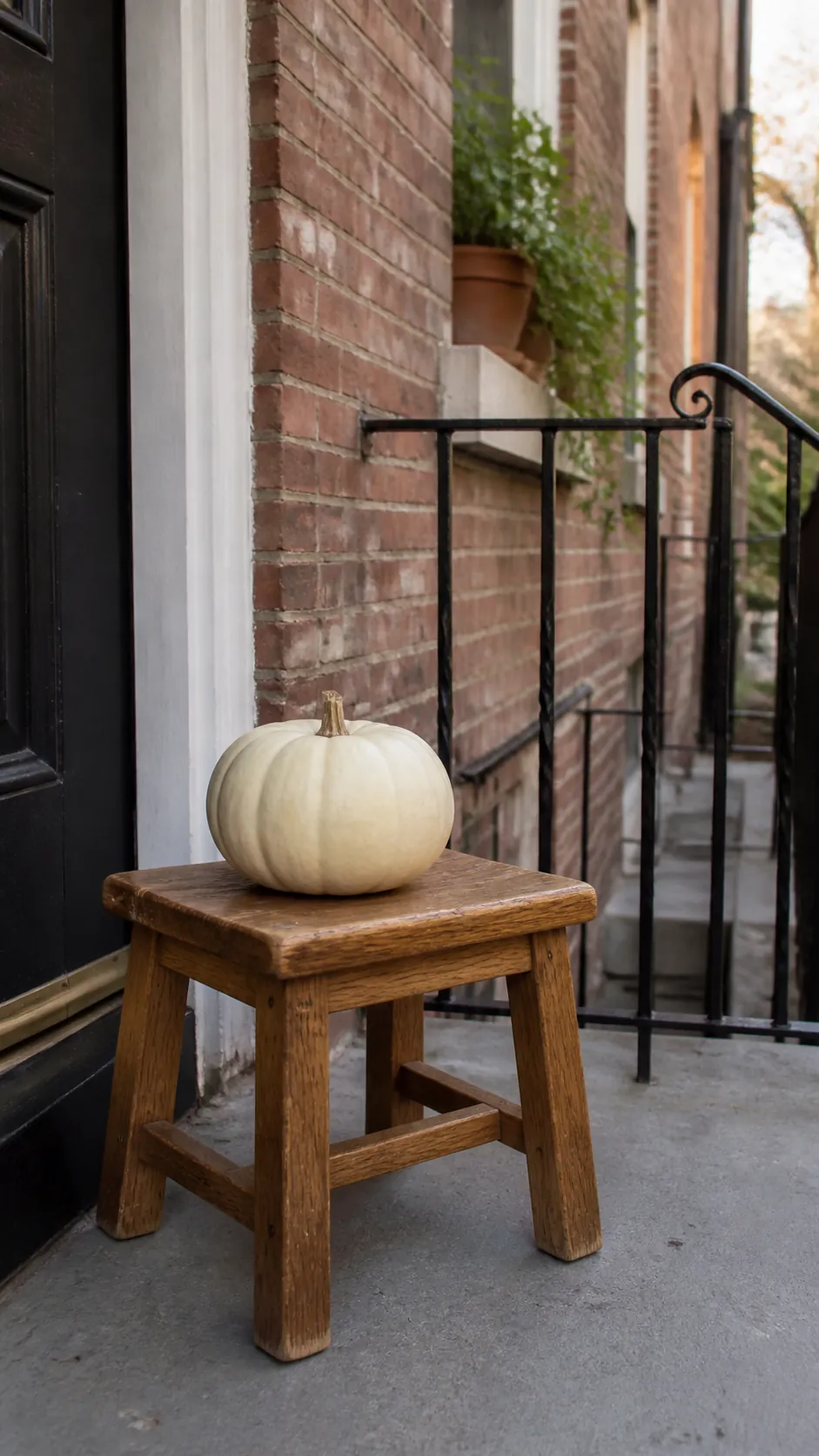 Secondhand wooden stool used as a sturdy porch display riser