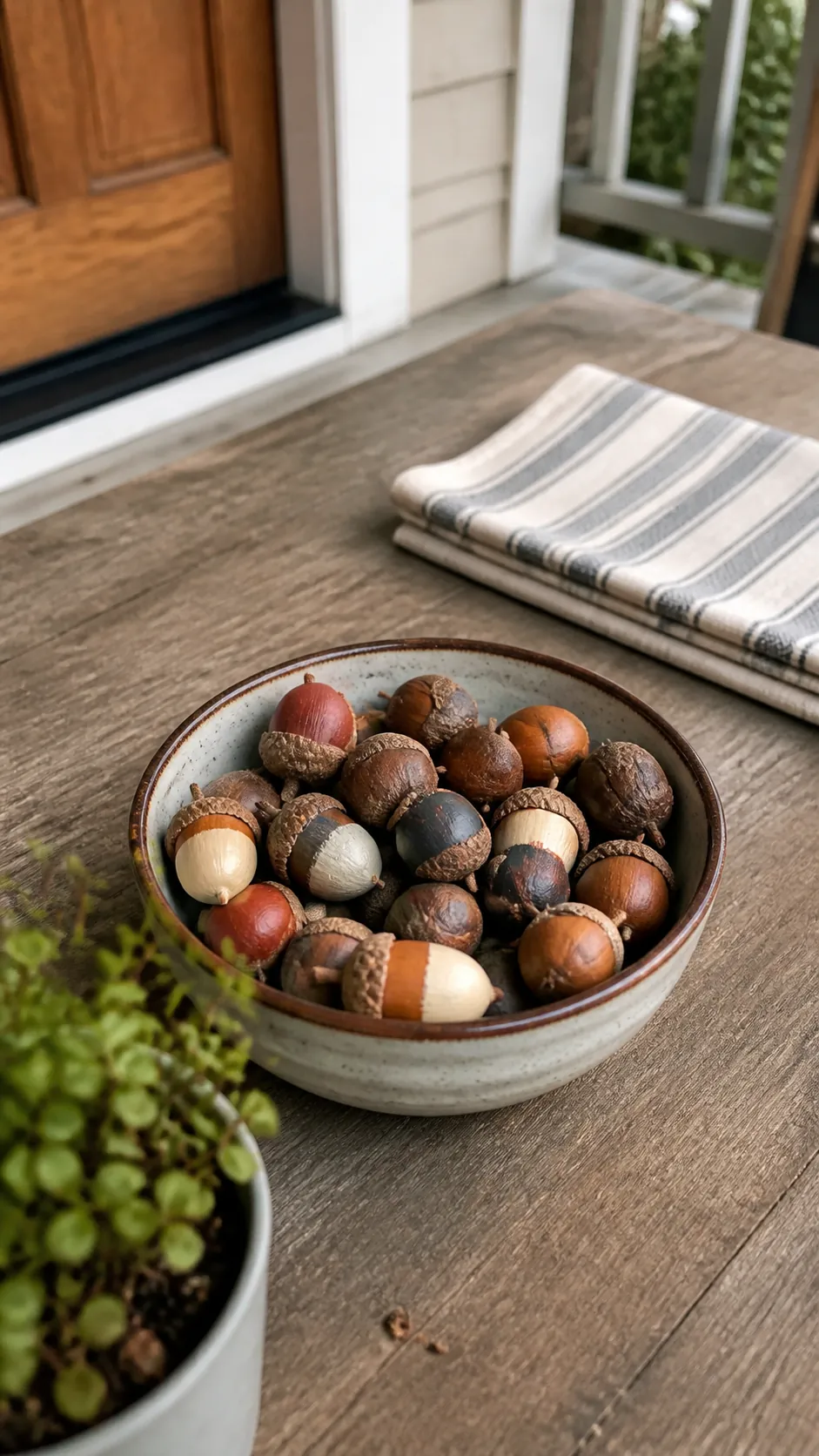 Small porch bowl filled with natural and painted acorns
