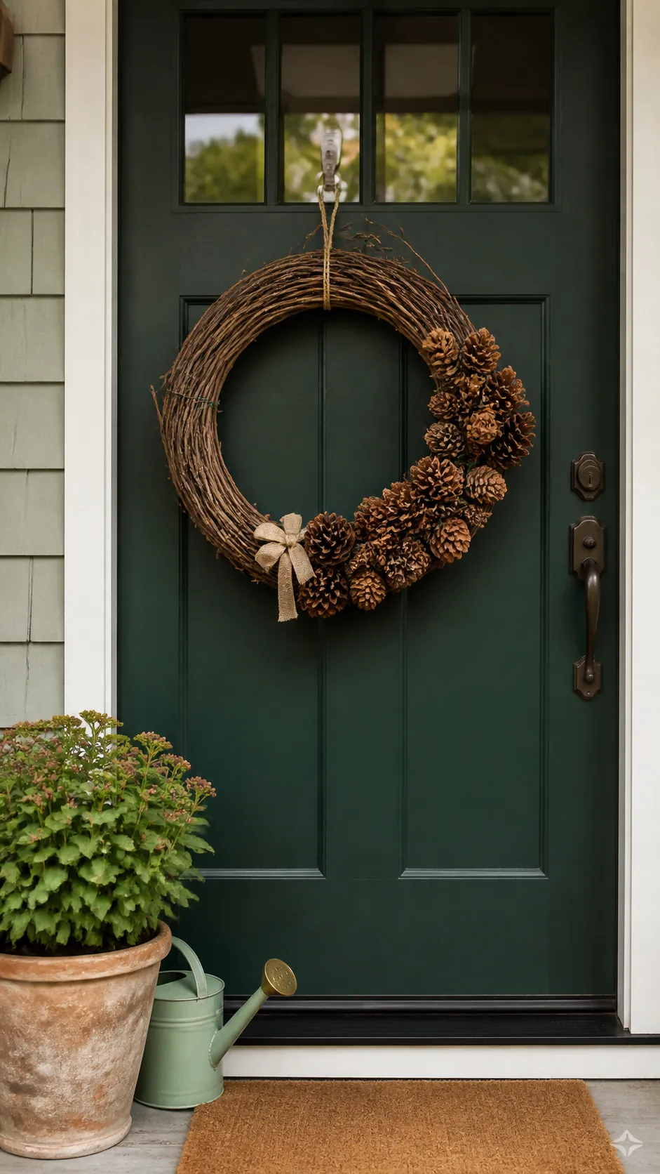 Old grapevine wreath refreshed with an asymmetrical pinecone sweep