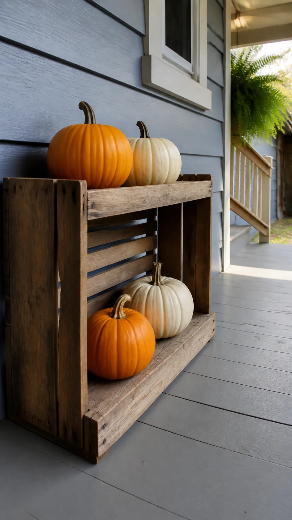 Sturdy produce crate creating two levels for porch pumpkins