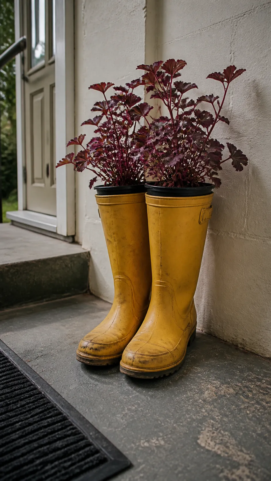 Old rain boots repurposed as sheltered autumn porch planters