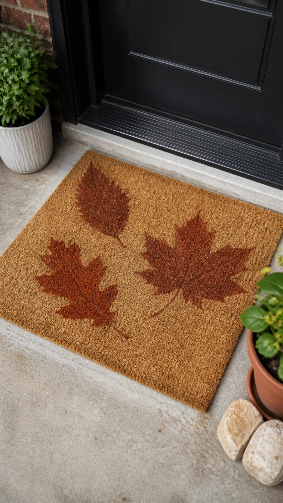Old doormat refreshed with a large simple autumn leaf stencil