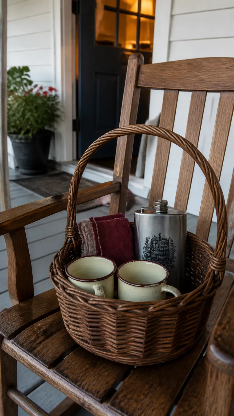 Portable cider basket with enamel mugs on a sheltered porch