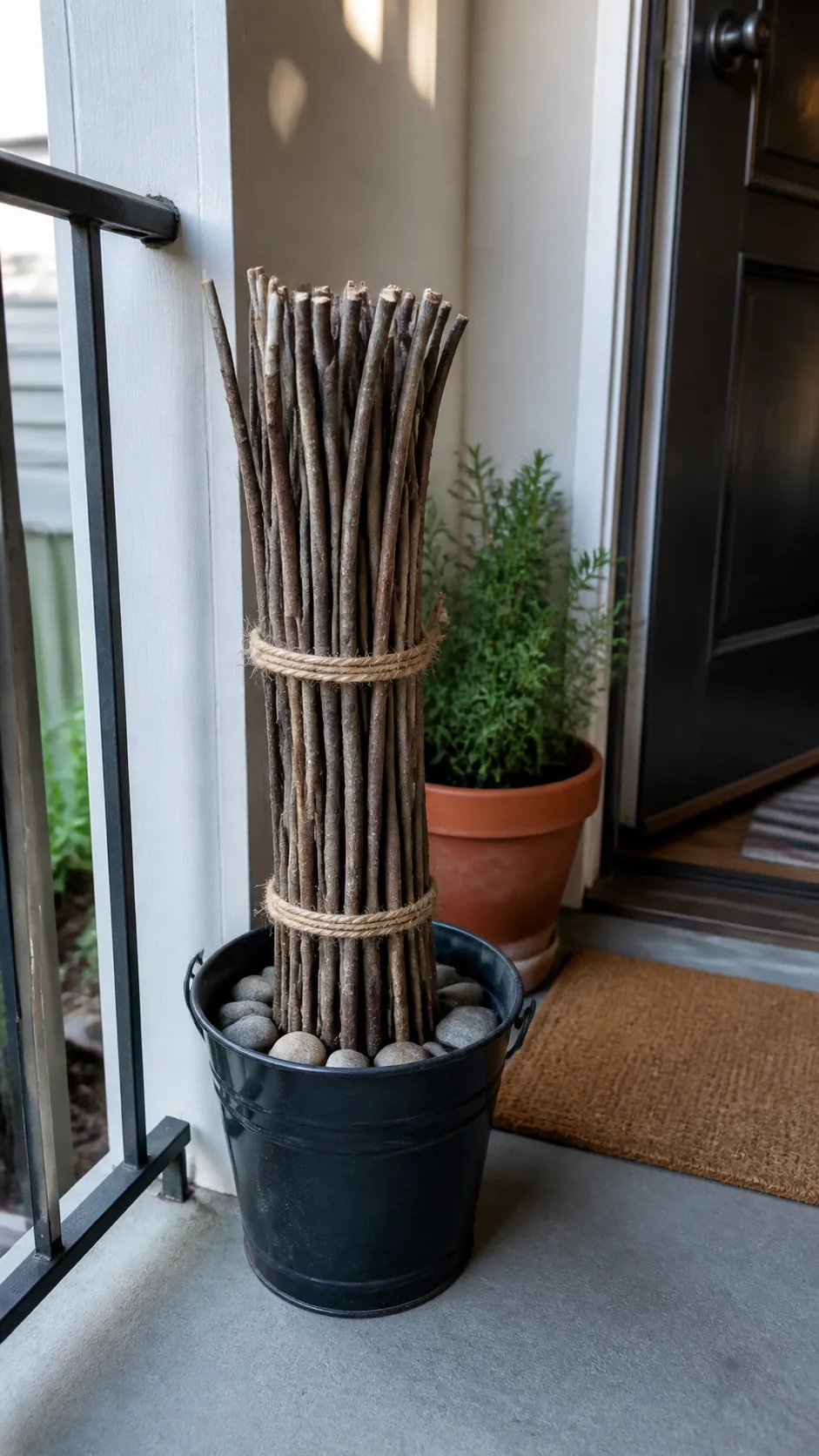 Compact twig bundle tied with jute in a weighted porch bucket