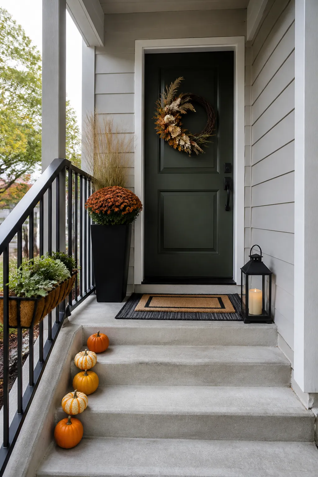 Compact fall porch with vertical decor and a completely clear entry path