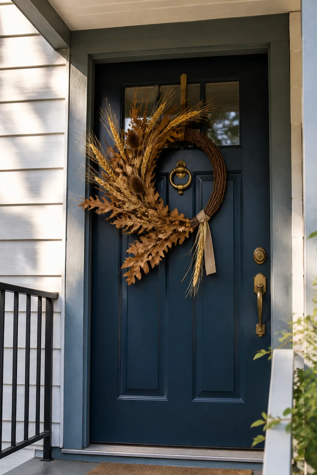 Asymmetrical autumn wreath on a narrow porch door