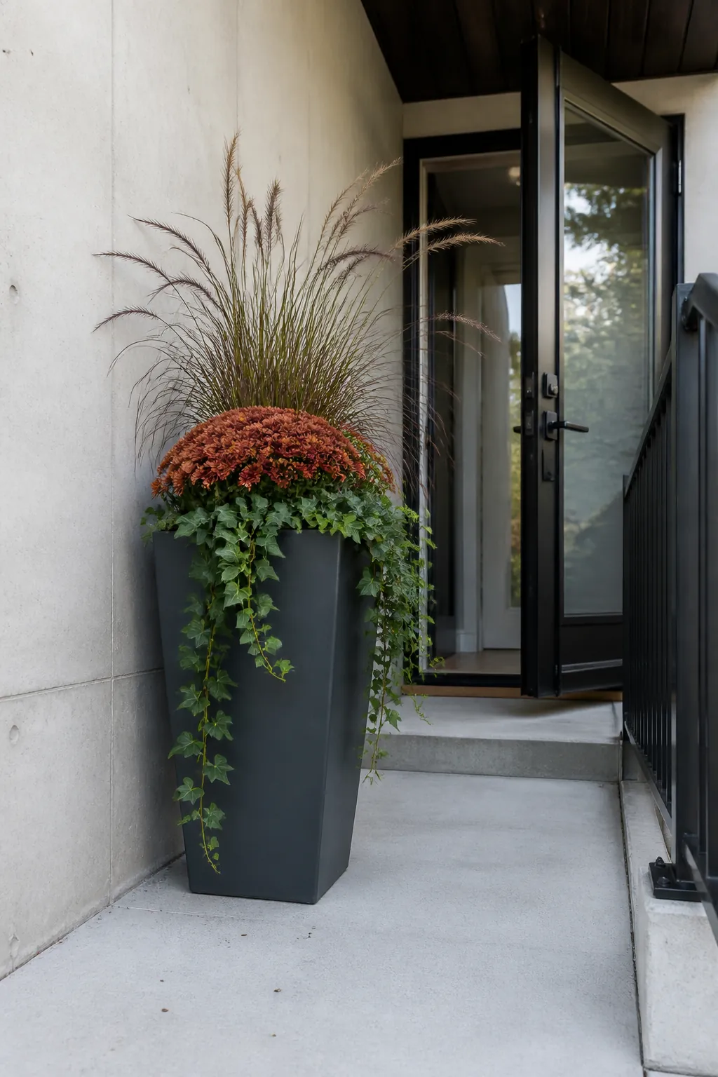 Single tall autumn planter saving space beside a porch door