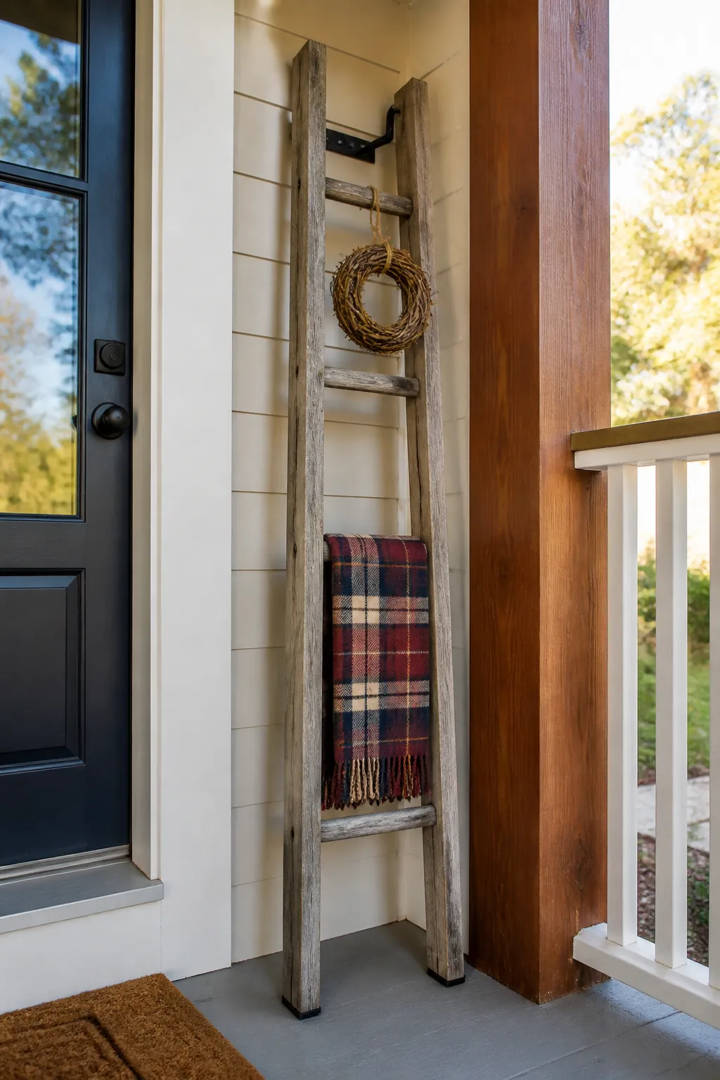 Secured narrow ladder adding vertical fall decor to a porch corner