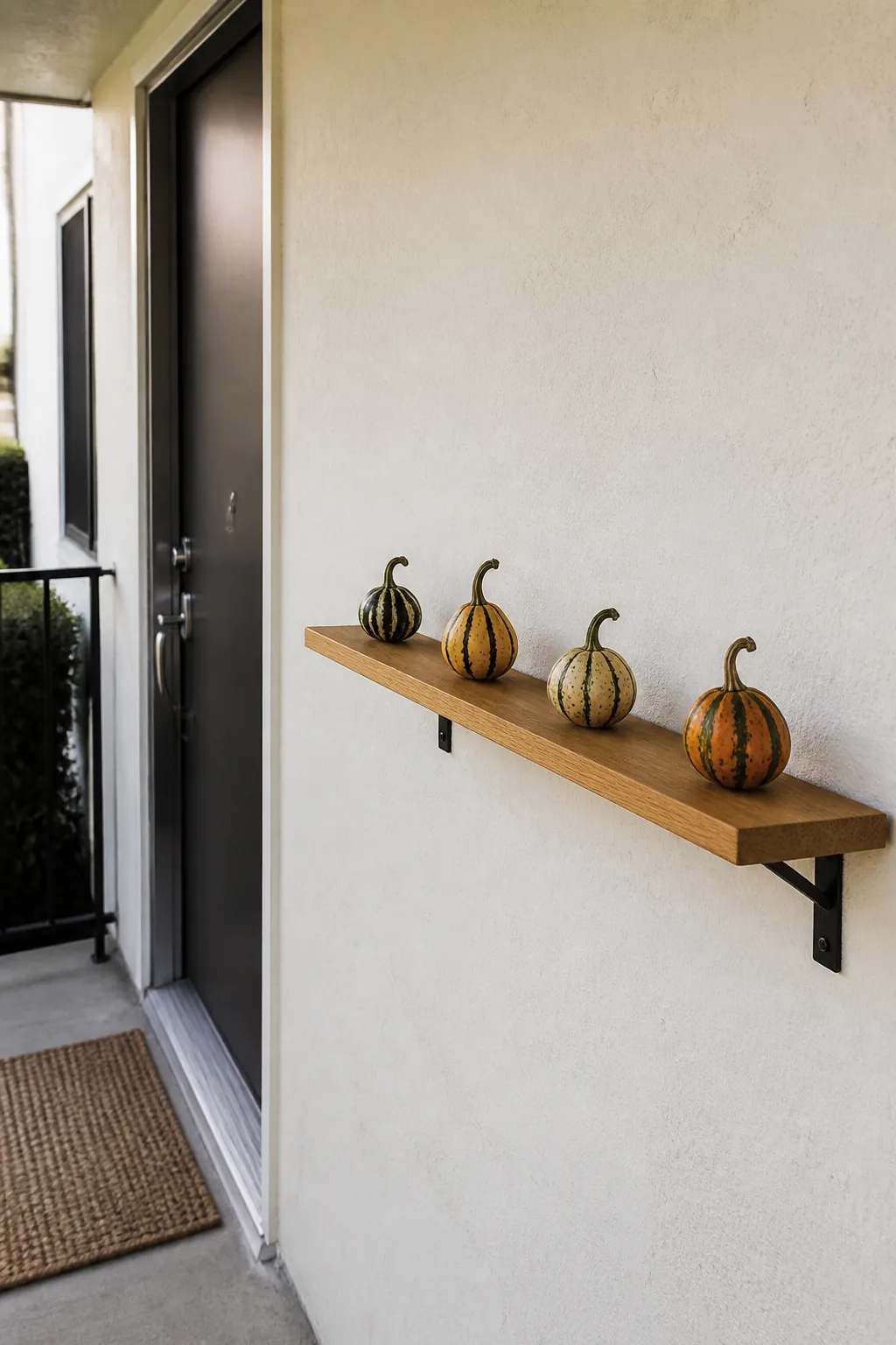 Shallow wall shelf displaying tiny gourds above a small porch