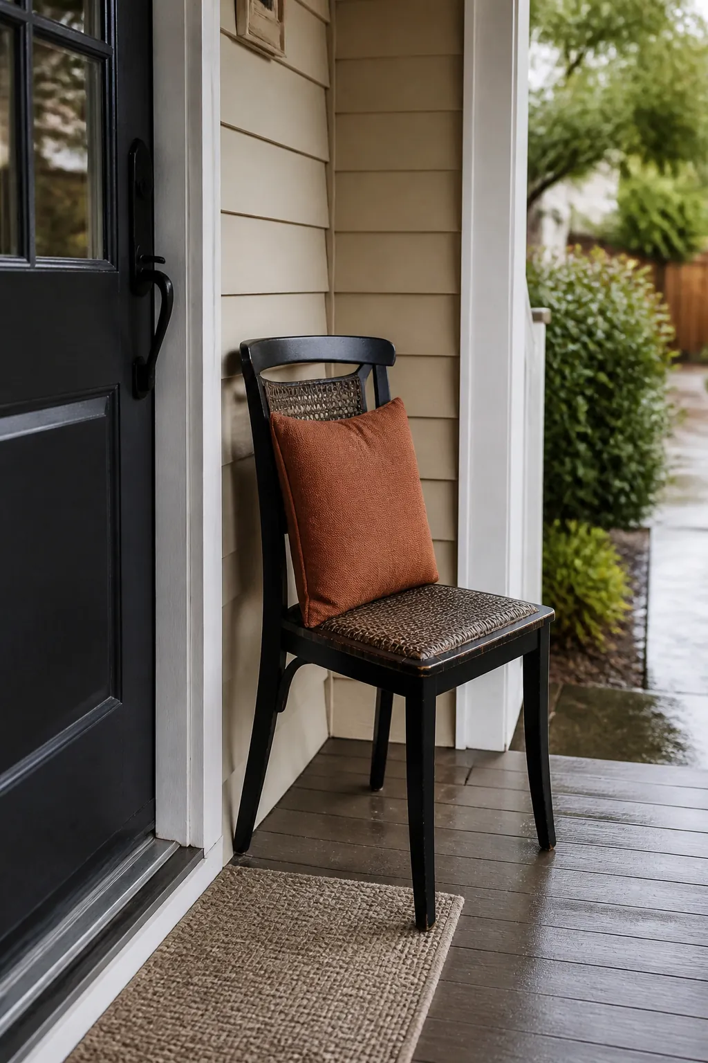 One compact chair with an autumn cushion on a tiny porch