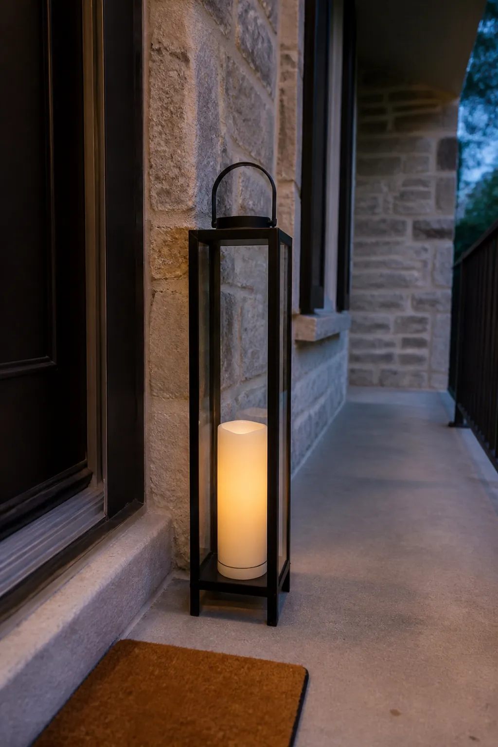 Single slim lantern with a safe candle on a small porch