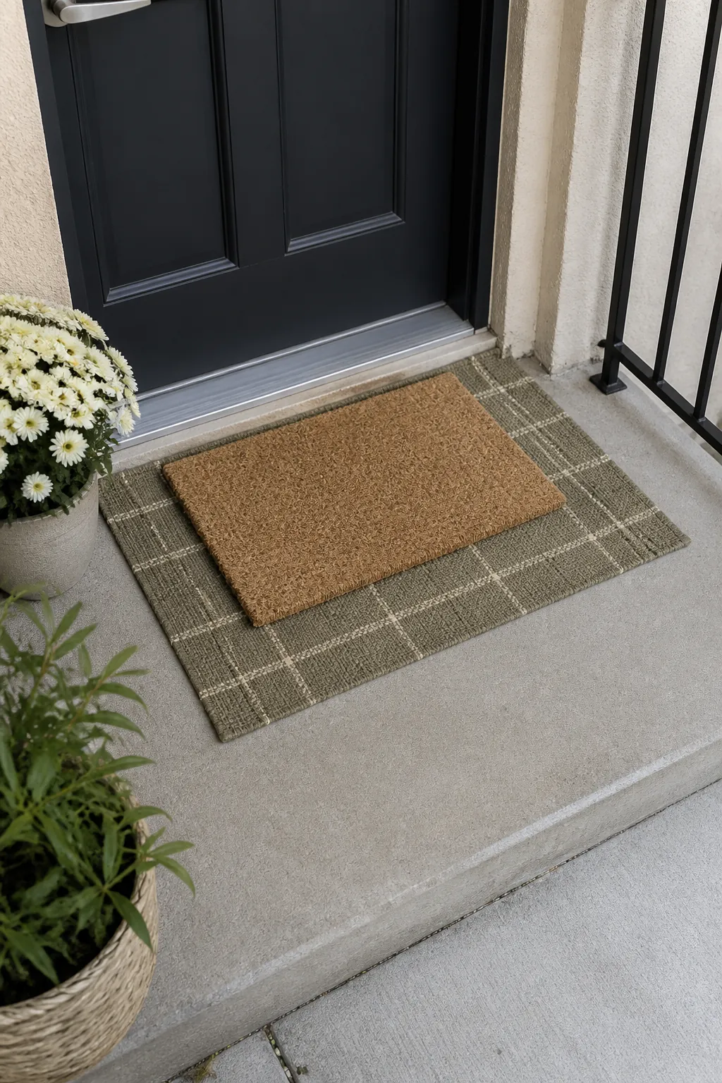 Layered autumn doormat contained safely within a small landing
