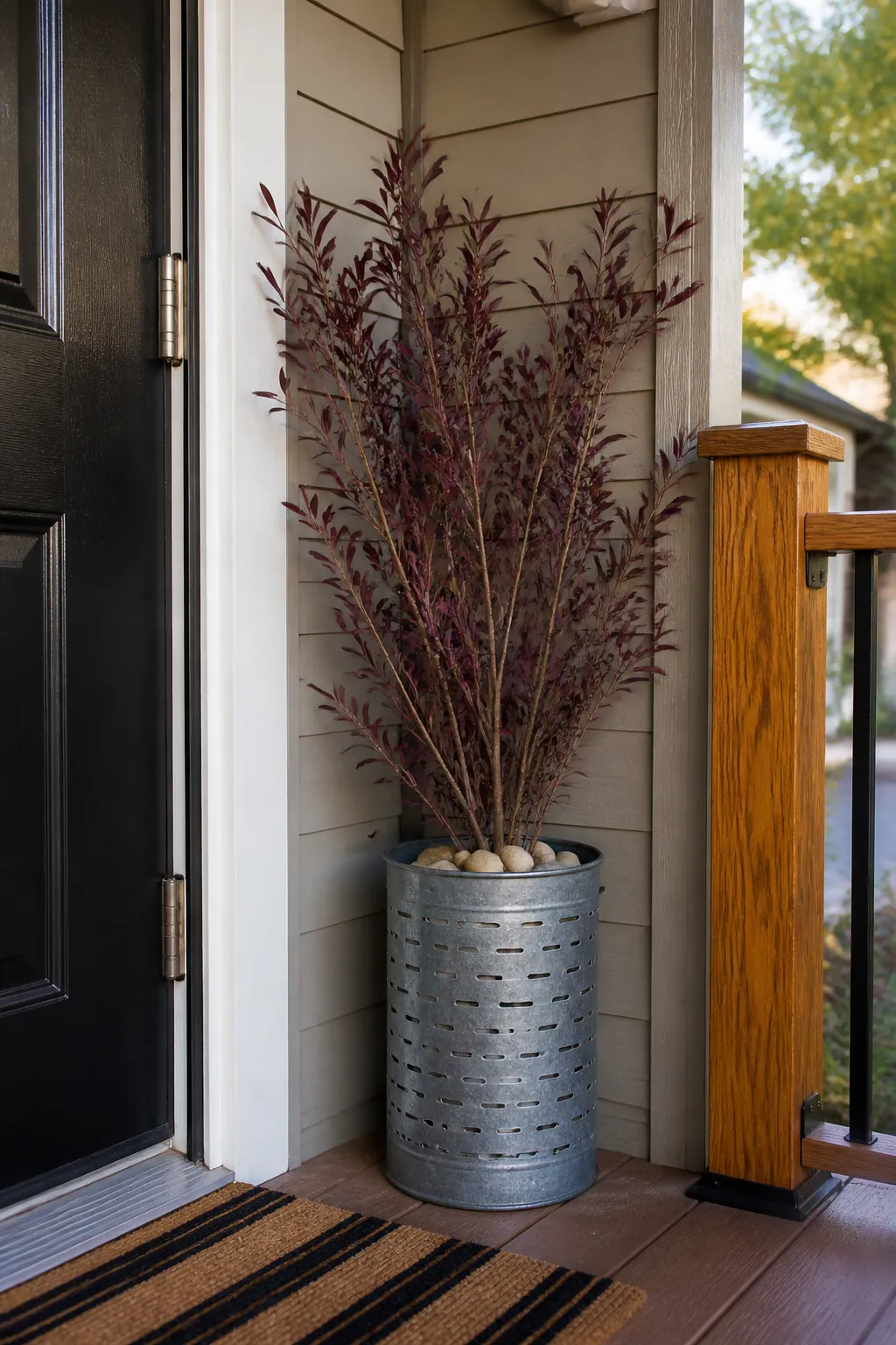 Weighted olive bucket holding tall autumn branches in a corner