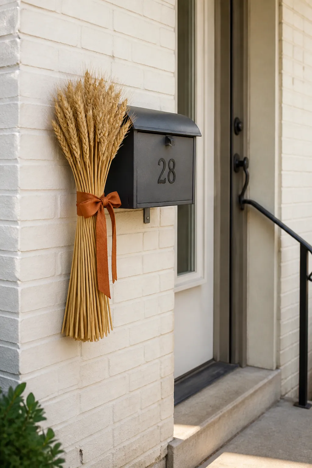 Small wheat and ribbon bundle decorating a porch mailbox
