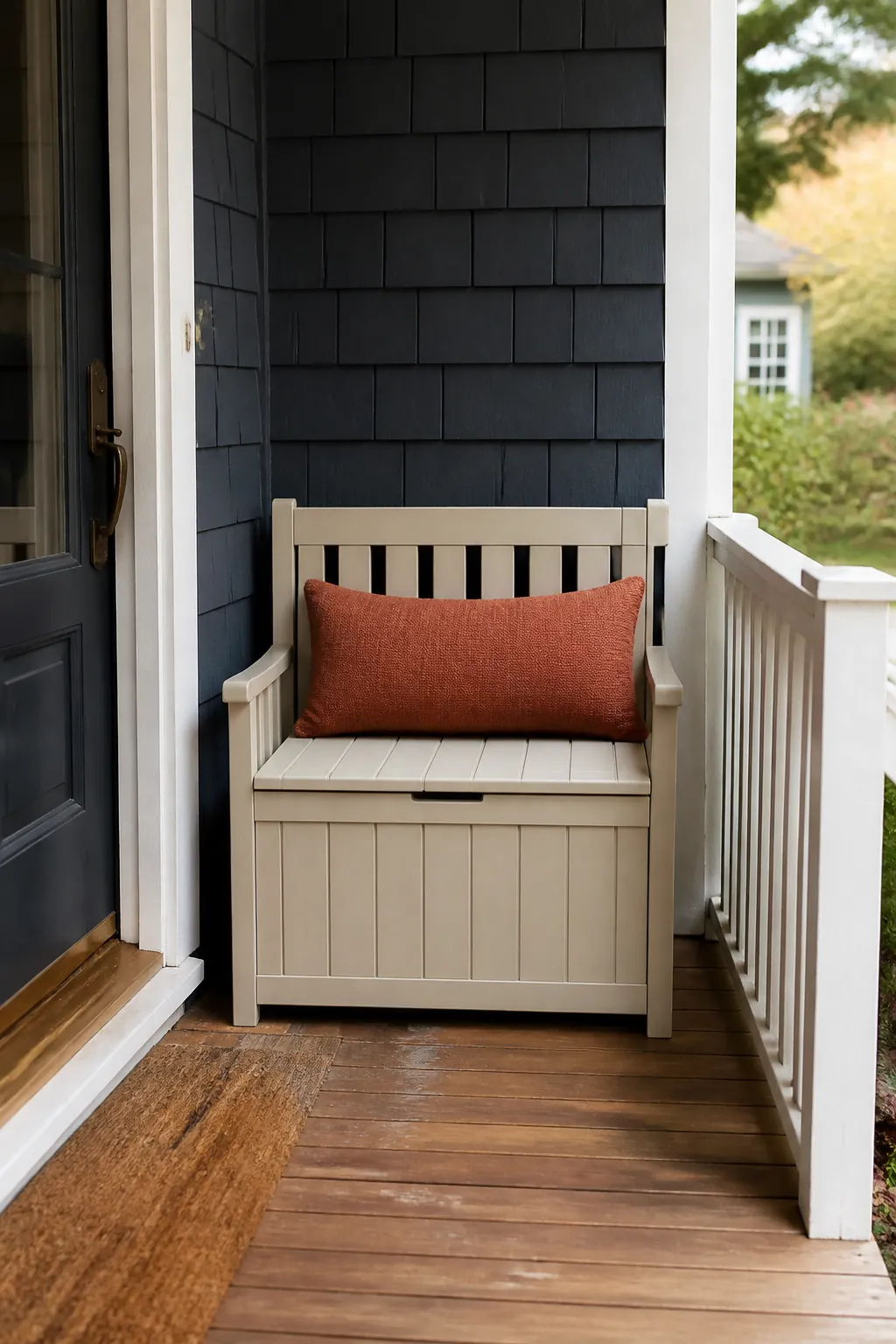 Compact porch storage bench with one autumn lumbar pillow