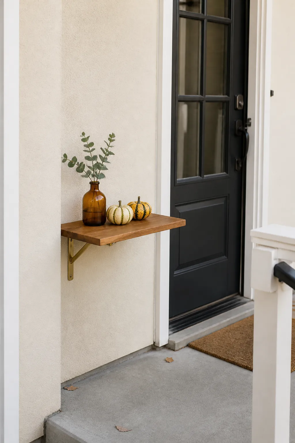Shallow fold down ledge holding tiny autumn porch decor
