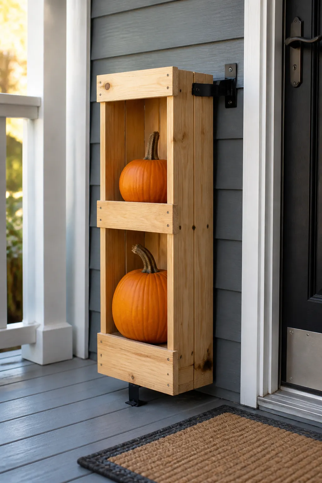Two secured crates forming a narrow vertical porch display