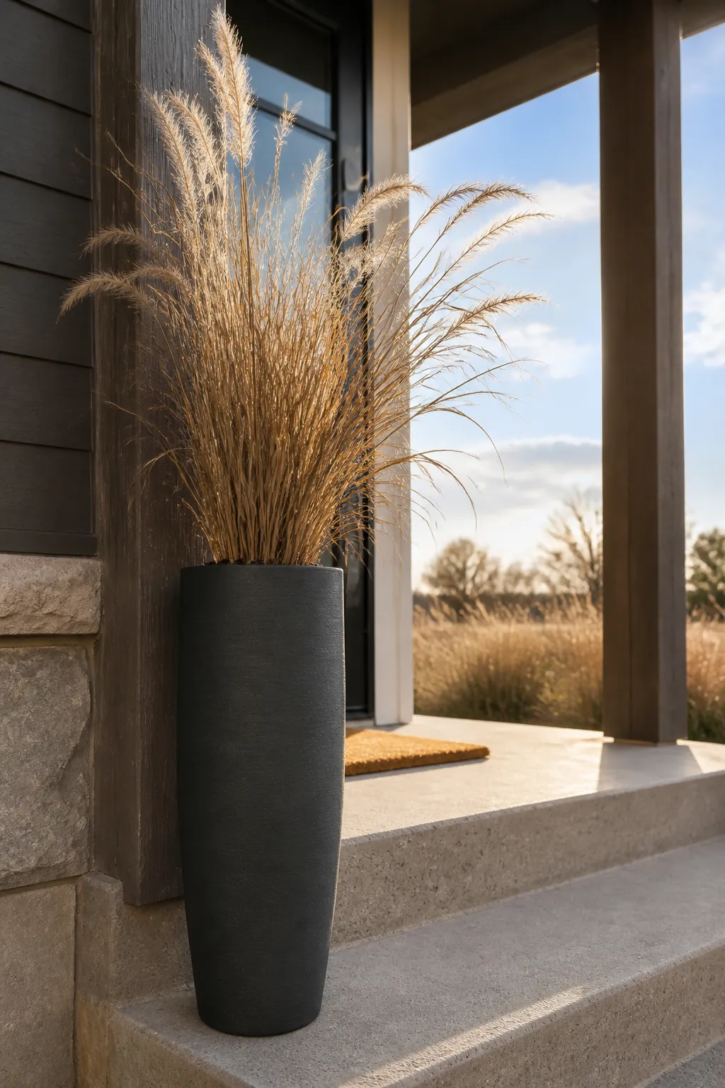 Narrow porch urn planted with one fountain shaped autumn grass