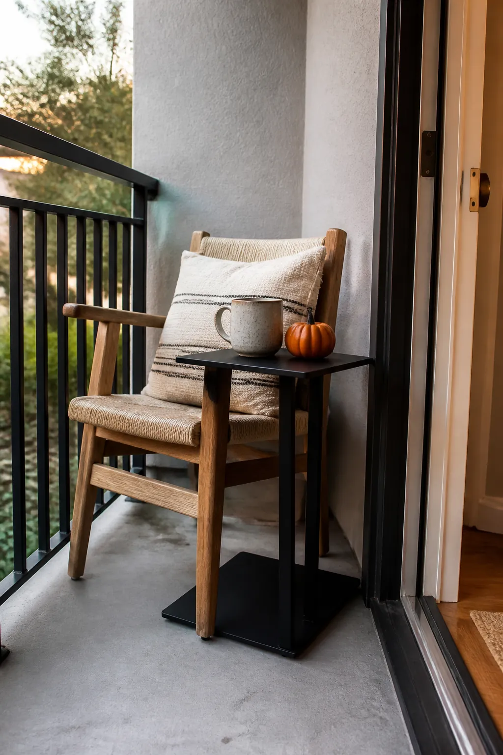 Tiny C shaped side table tucked beside a compact porch chair