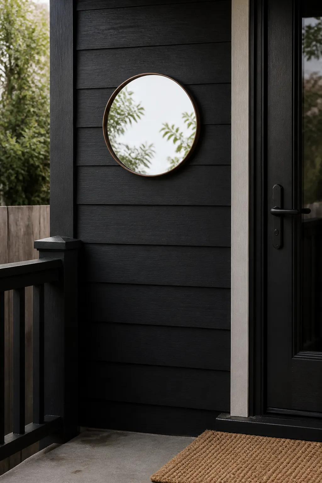 Small outdoor rated mirror brightening a covered porch corner