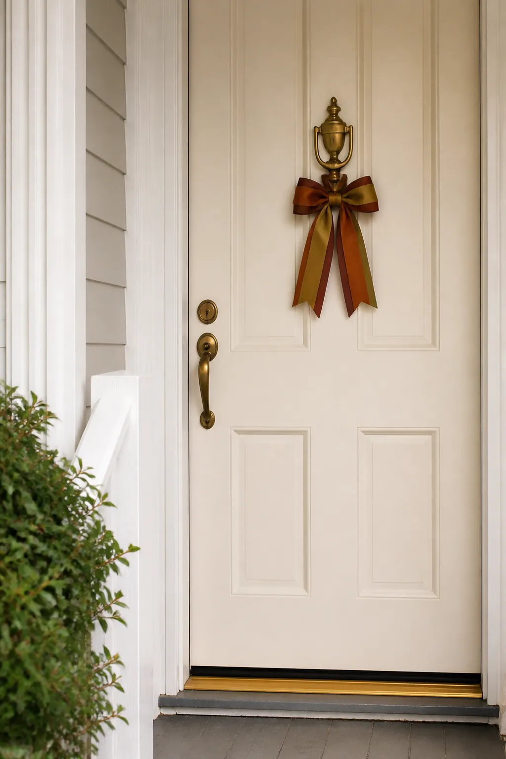 Textured autumn ribbon tied neatly to a porch door knocker