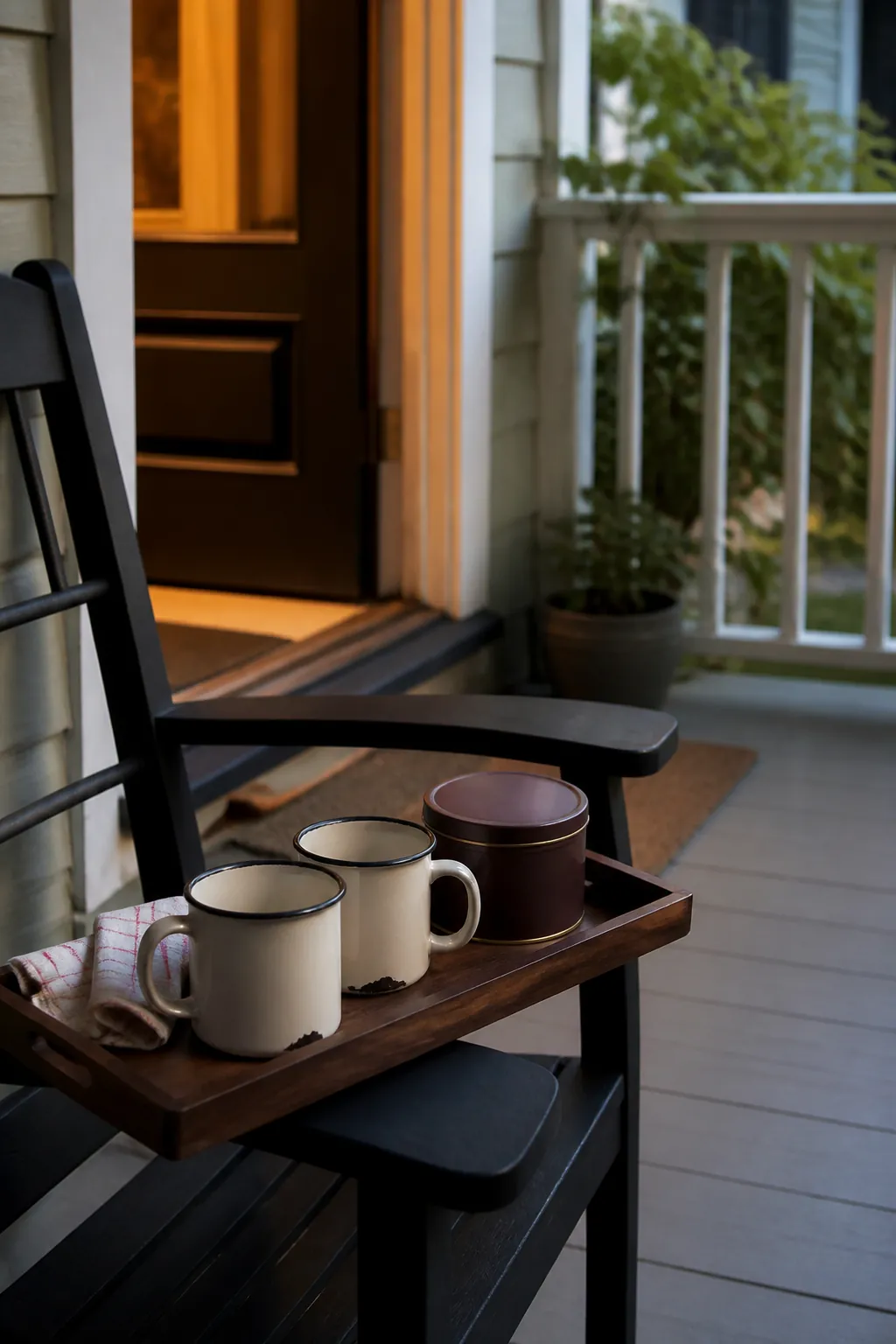 Portable cocoa tray with two enamel mugs on a tiny porch