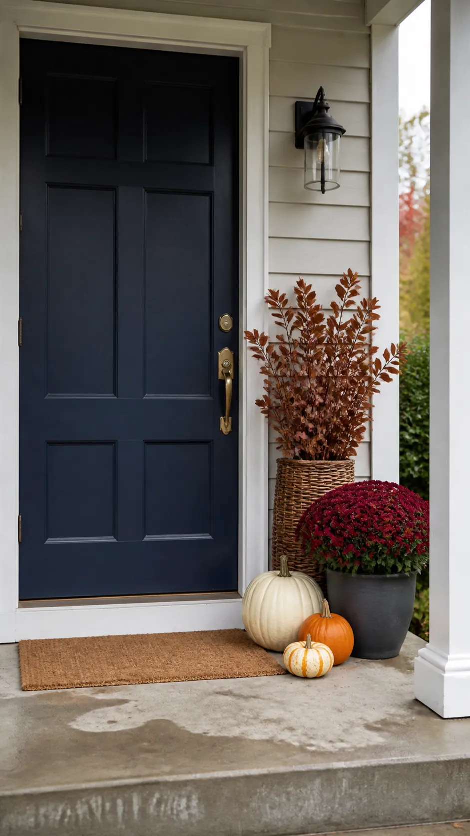 Welcoming fall front porch with navy door, pumpkins, mums, and copper foliage