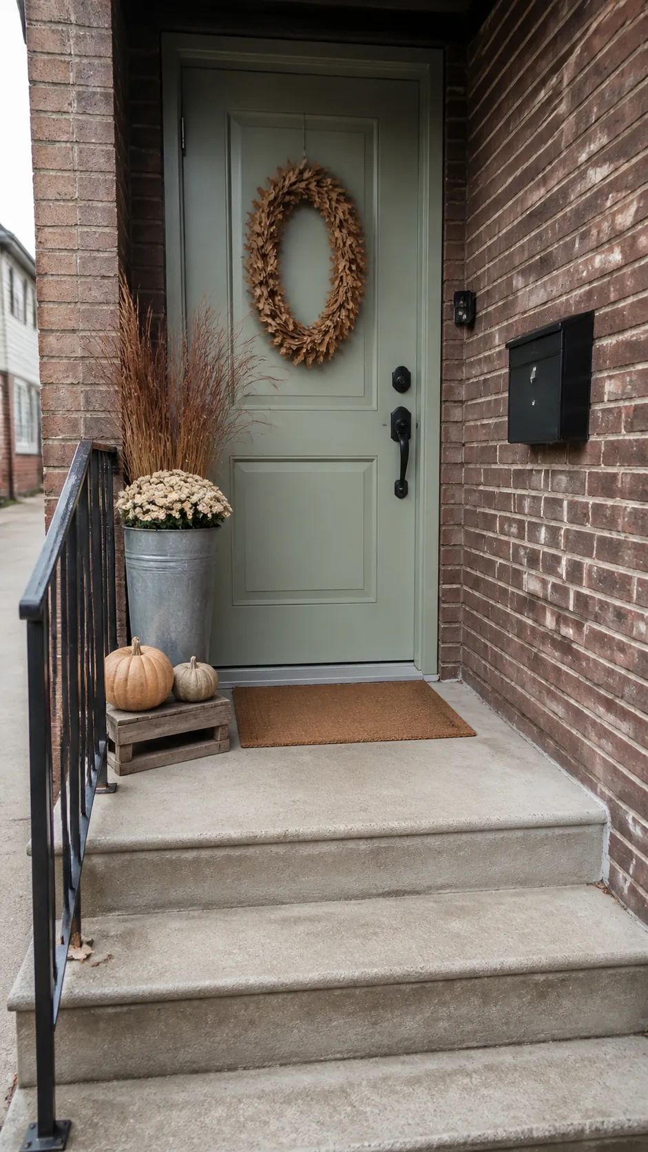 Small fall porch with a clear walking path and one sided pumpkin arrangement