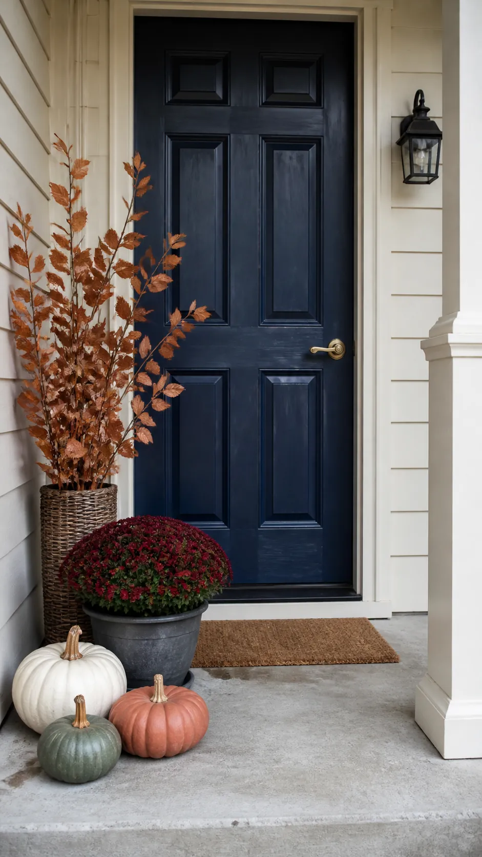 Navy front door with copper foliage, cream pumpkins, and burgundy mums