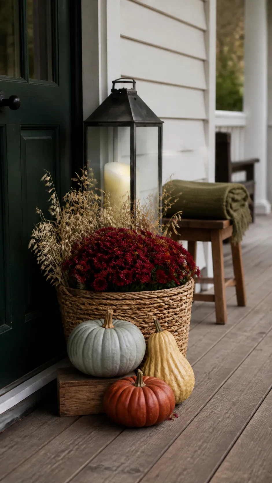 Layered fall porch display with a tall basket, mums, and pumpkins