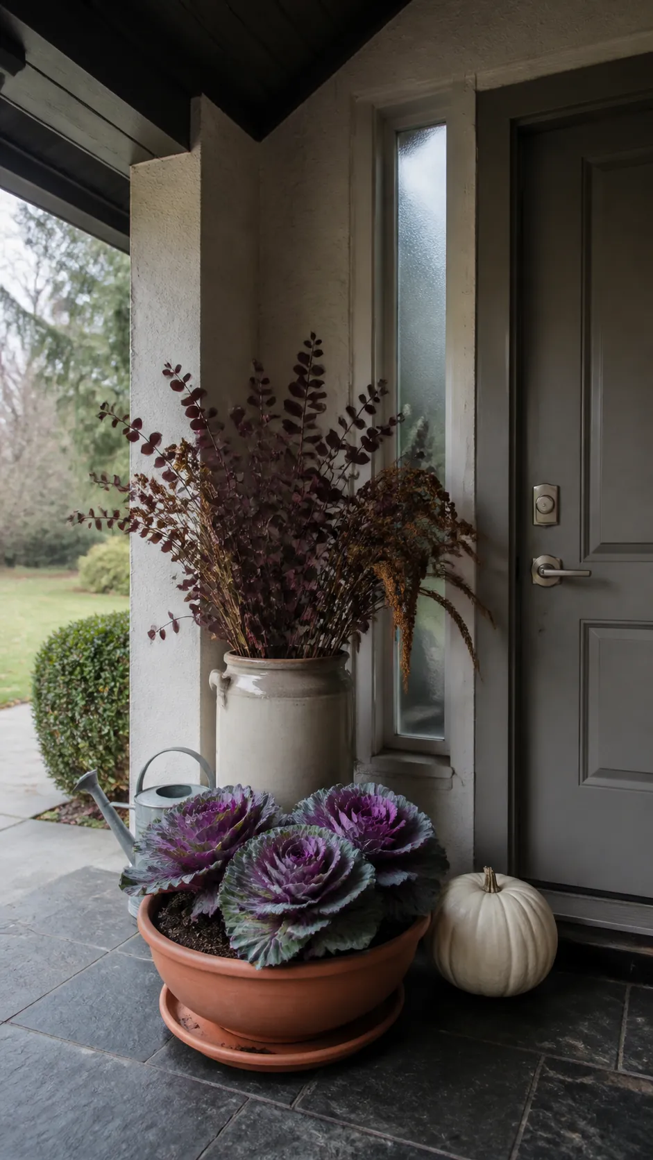 Covered shaded porch with practical autumn planters and preserved branches