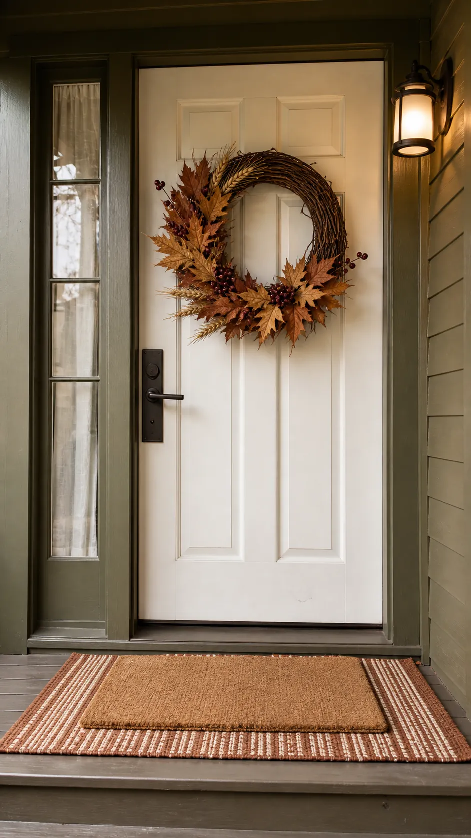 Finished autumn threshold with wreath, clean hardware, and layered outdoor mat
