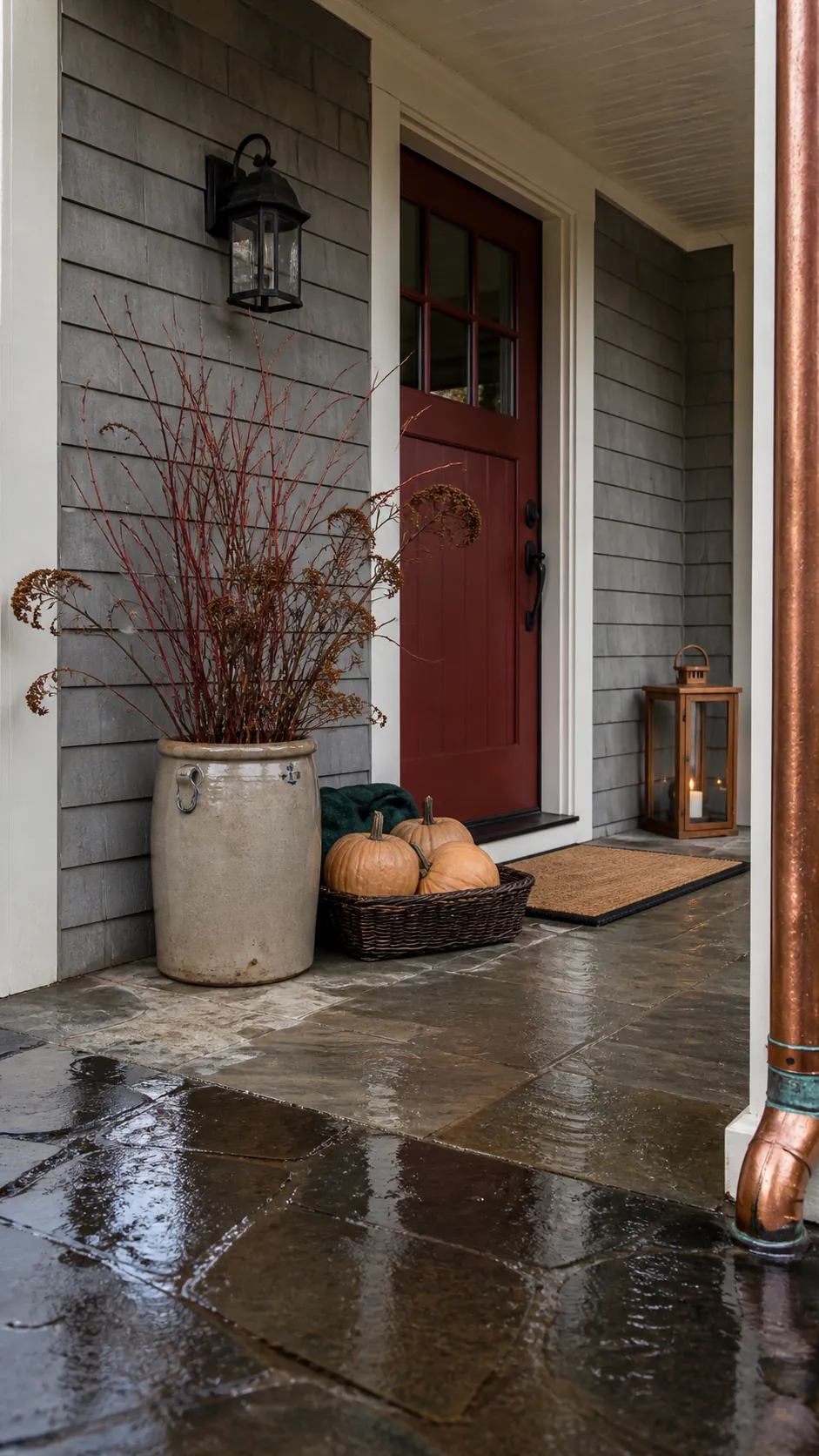 Weather ready fall porch with weighted baskets and sheltered decorations