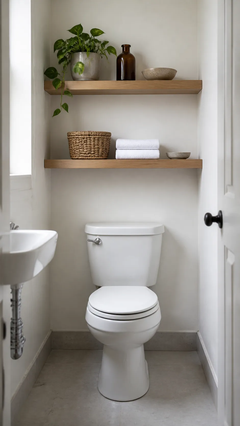 Thoughtfully styled floating shelves above a toilet in a small neutral bathroom