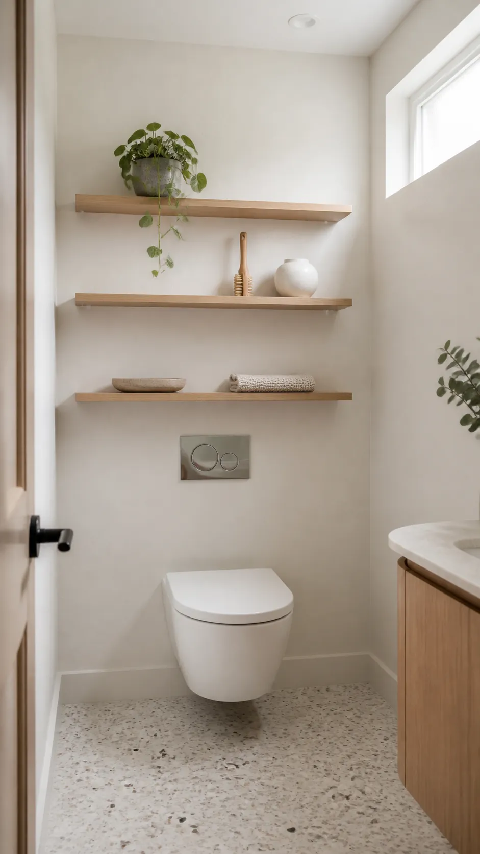 Neutral over toilet shelf decor arranged with balanced height and open space