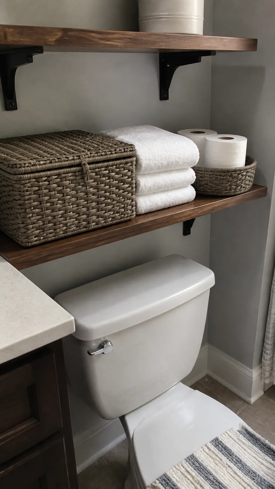 Woven bathroom basket storage and folded towels on shelves above a toilet