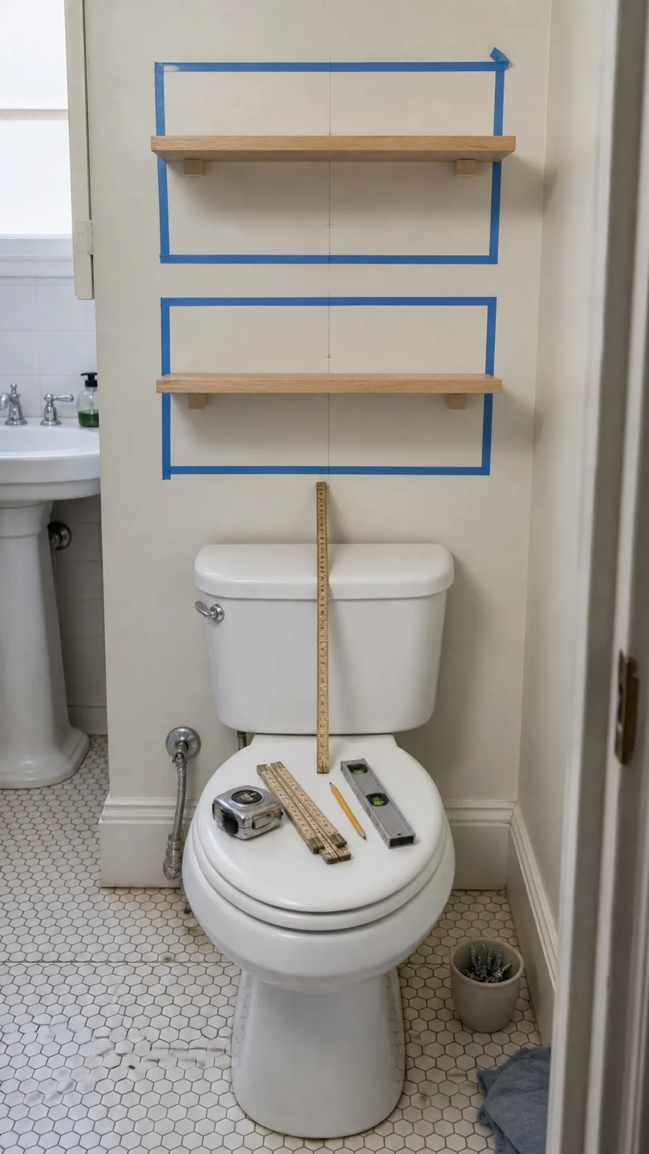 Measured floating shelf placement centered above a bathroom toilet