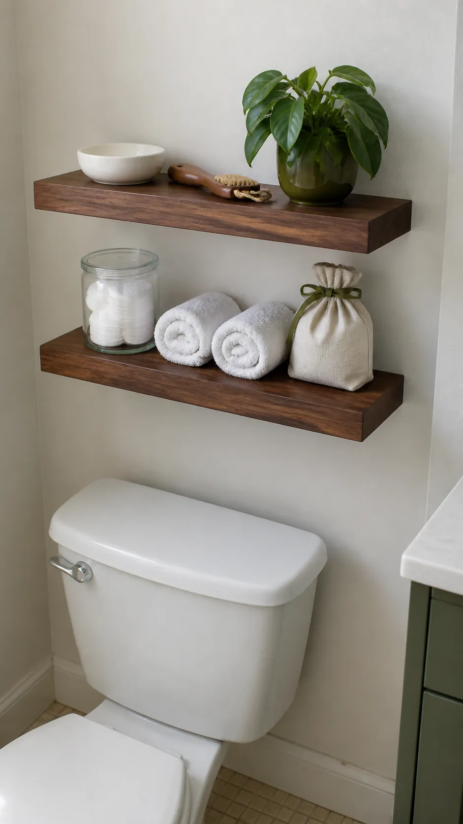 Cohesive neutral bathroom shelf palette with warm wood white ceramic and green accents