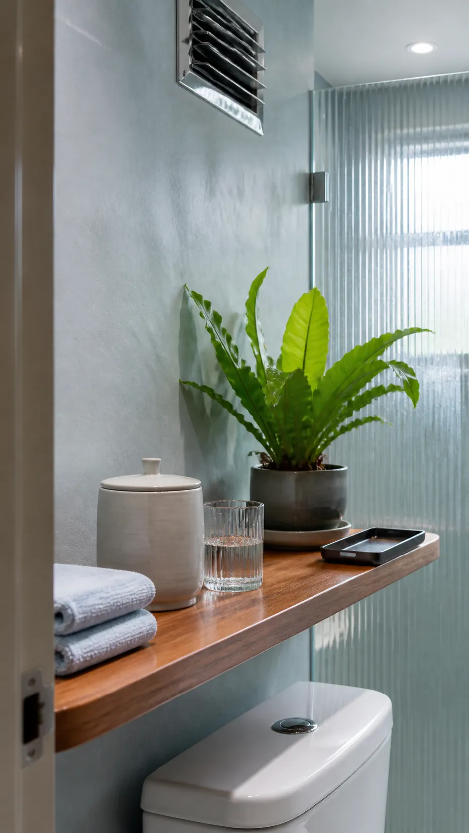 Humidity resistant bathroom shelf materials with ceramic glass and a small plant