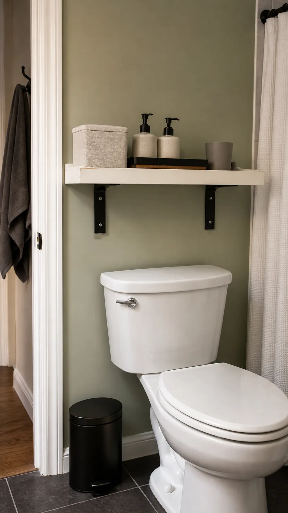 Secure bathroom shelf with raised edge tray and lidded containers above a toilet